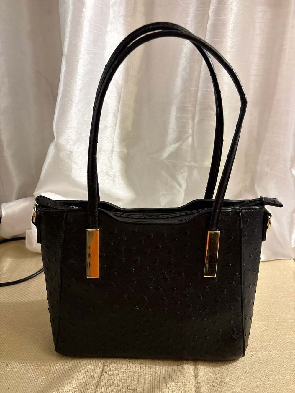 Ostrich Embossed Black Handbag